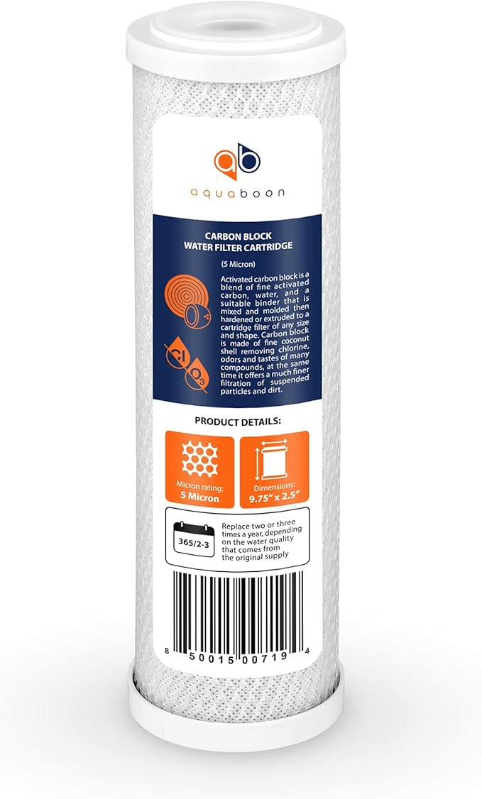 Aquaboon 5 Micron 10 x 2.5 Carbon Block Water Filter Cartridge CTO Whole House Water Filter Replacement Compatible with WHKF-WHWC, FXWTC, 2-PACK