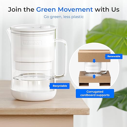 Waterdrop Large Glass Water Filter Pitcher, Eco-Friendly, with 1 NSF 53&42&372 Certified Filter, 10-Cup, Reduces PFOA/PFOS, Chlorine, Cadmium, Copper, Mercury, BPA Free, Easy to Clean, White