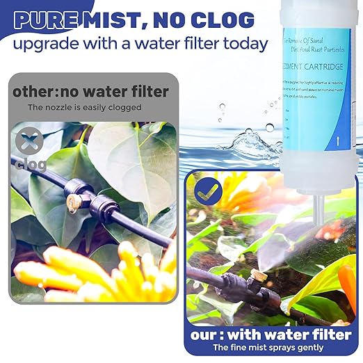 100FT Mister for Outside Patio Misting Cooling System, 100FT (30M) Misting Line+32 Brass Mist Nozzles+Water Filter, Outdoor Mister System for Garden Greenhouse Trampoline Waterparke