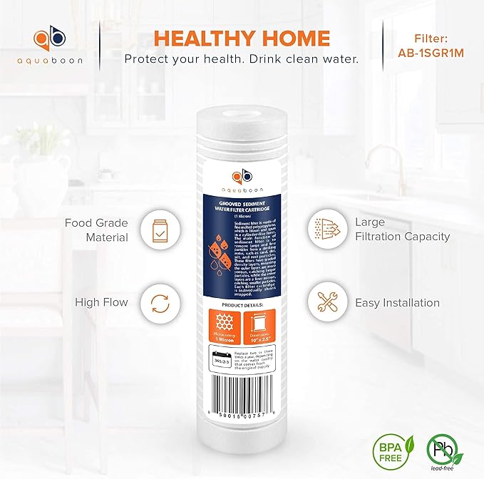 Aquaboon Whole House 1 Micron 10 x 2.5 PP Grooved Sediment Water Filter Cartridge Replacement Compatible with AP110, WHKF-GD05, CFS110, P5, 25-Pack