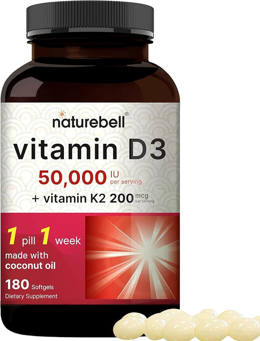 NatureBell Vitamin D3 50,000 IU + K2 200 mcg, 180 Softgels | Once-Weekly Formula with Coconut Oil | Max Strength Bone, Heart & Immune Support | MK-7 Form | Non-GMO