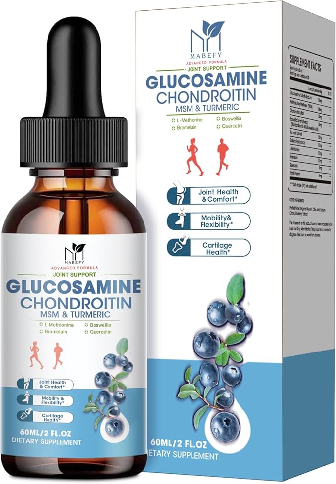 Glucosamine Chondroitin MSM Liquid Drops - Joint Support Supplement with Turmeric Boswellia, Bromelain, Hyaluronic Acid, Relief for Back, Knees & Hands,Blueberry Flavor, 2 Fl Oz