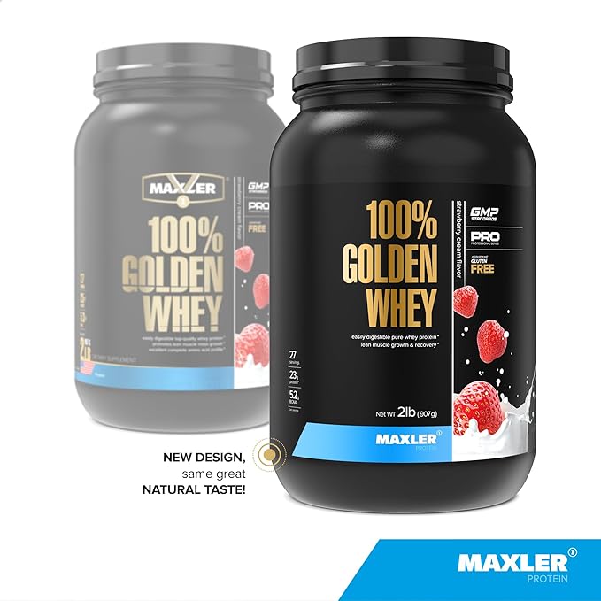 Maxler 100% Golden Whey Protein - 23g of Protein per Serving - Premium Whey Protein Powder for Pre Post Workout - Fast-Absorbing Whey Concentrate, Isolate & Hydrolysate Blend - Strawberry Cream 2 lb