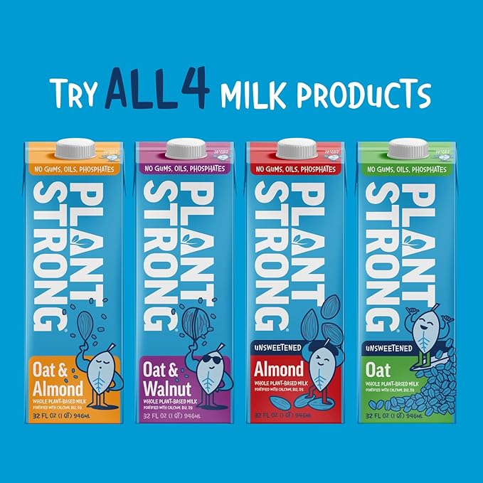 PLANTSTRONG Oat Milk Unsweetened 32oz (6 Pack) - NON-GMO - Plant Based, Vegan - Gluten Free Dairy Free - Shelf Stable - Lactose Free Milk - No Gums or Oils