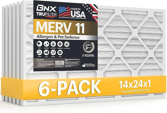 BNX TruFilter 14x24x1 Air Filter MERV 11 (6-Pack) - MADE IN USA - Allergen Defense Electrostatic Pleated Air Conditioner HVAC AC Furnace Filters for Allergies, Dust, Pet, Smoke, Allergy MPR 1200 FPR 7