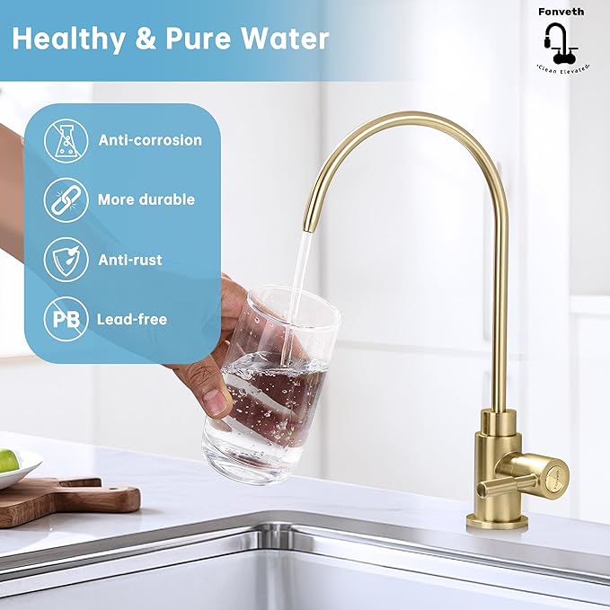 Drinking Water Faucet, Reverse Osmosis Brushed Gold Single Handle Solid Brass Kitchen Bar Sink Drinking Water Faucet Filtration Non-Air Gap Non-Air Gap