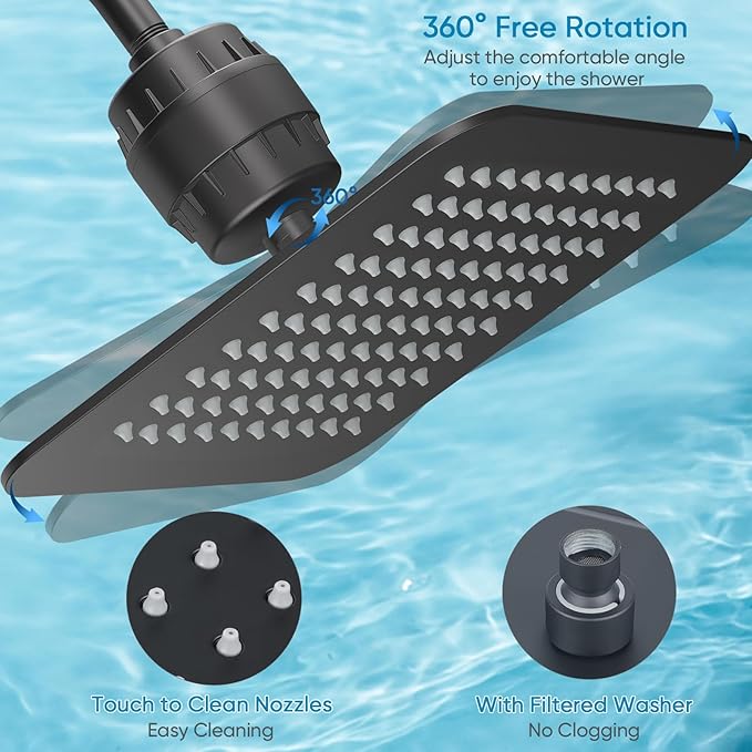 10'' High Pressure Filtered Shower Head Combo 20 Stage Shower Filter for Hard Water, Removes Chlorine & Harmful Substances (Matte Black)