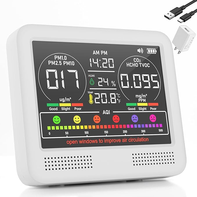 16-in-1 Air Quality Monitor Indoor with 7AQI Beep Alarm, CO2 Monitor, Air Quality Detector with PM1.0 | PM2.5 | PM10 | Temp | HUM | Formaldehyde | VOC Tester for Home Office Plant (Pearly White)