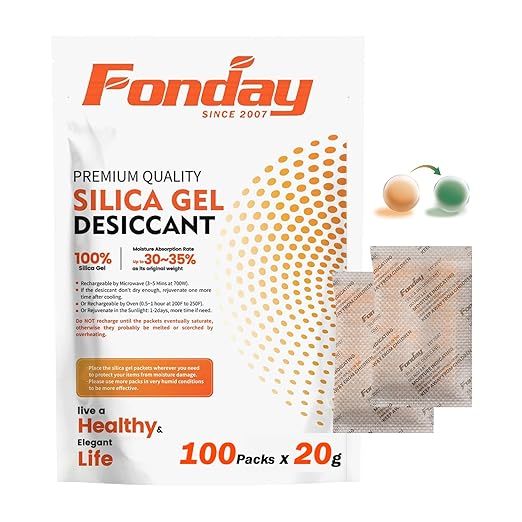 100Packs x 20Gram Fonday Rechargeable Silica Gel Desiccant Packets Food Grade Fast Reactivate Desiccant Bags Moisture Indicating Orange to Green