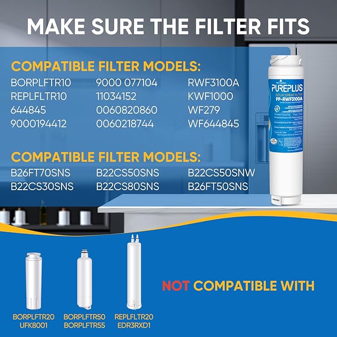 PUREPLUS 9000194412 Refrigerator Water Filter Replacement for Bosch Ultra Clarity BORPLFTR10,REPLFLTR10, 11034152, 644845,9000 077104, B26FT70SNS, B22CS80SNS, B22CS50SNS, Haier 0060820860, 3PACK