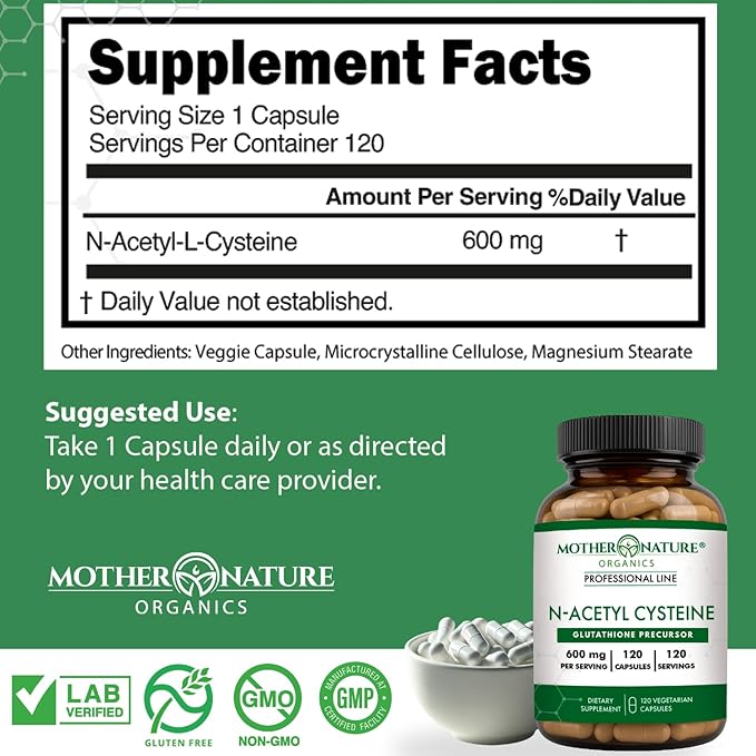 Mother Nature Organics NAC 600mg, Glass Bottle, N-Acetyl Cysteine Antioxidant Glutathione Precursor, Liver & Lung Support, Immune, Respiratory Health, and Detox (120 Count)