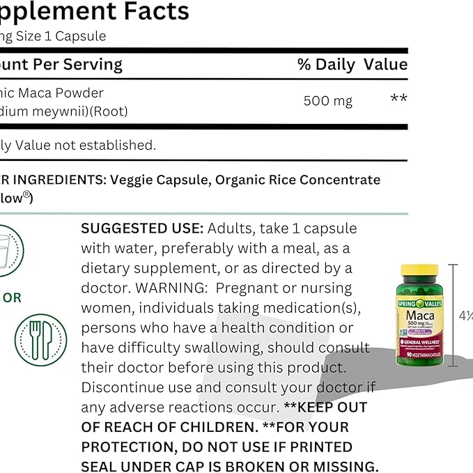 Maca Root 500 mg Capsules • General Wellness & Vitality Support • Vegetarian • 90 Count by Spring Valley + Vena’s Sticker (Pack of 1)