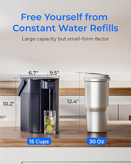 Waterdrop Electric Water Filter Pitcher, Rechargeable Water Dispenser, Instant 200-Gallon 15-Cup Countertop System, NSF/ANSI 401&53&42&372, Reduce PFAS, Lead, Chlorine, Blue, Does not Lower TDS