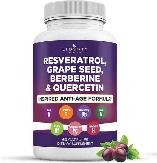 Resveratrol, Berberine, Grape Seed Extract, Quercetin, Polyphenol Supplement for Women and Men with Noni Extract, N-Acetyl Cysteine, Acai Extract (60 Count)
