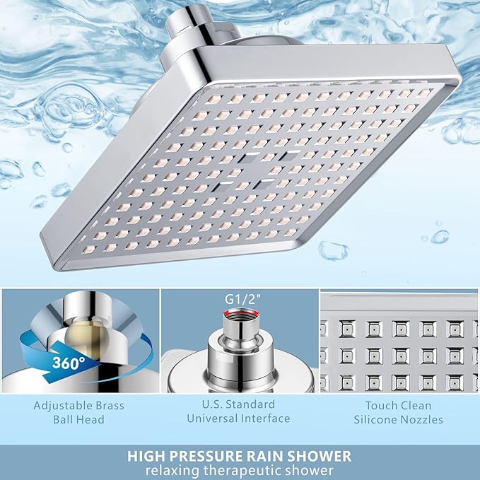 High Pressure Rain Shower Head with Filtered - 6" Square Showerhead Filter for Remove Chlorine and Harmful Substances, Improve Hair and Skin Problems, Chrome