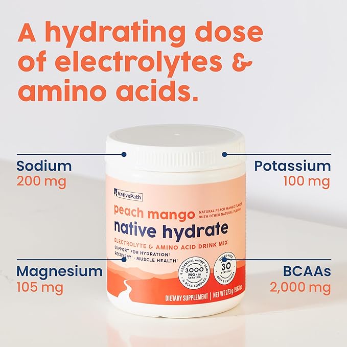 NativePath Native Hydrate, Zero Sugar, Electrolytes Powder with BCAAs, Peach Mango Hydration, Keto & Paleo Friendly, 30 Servings