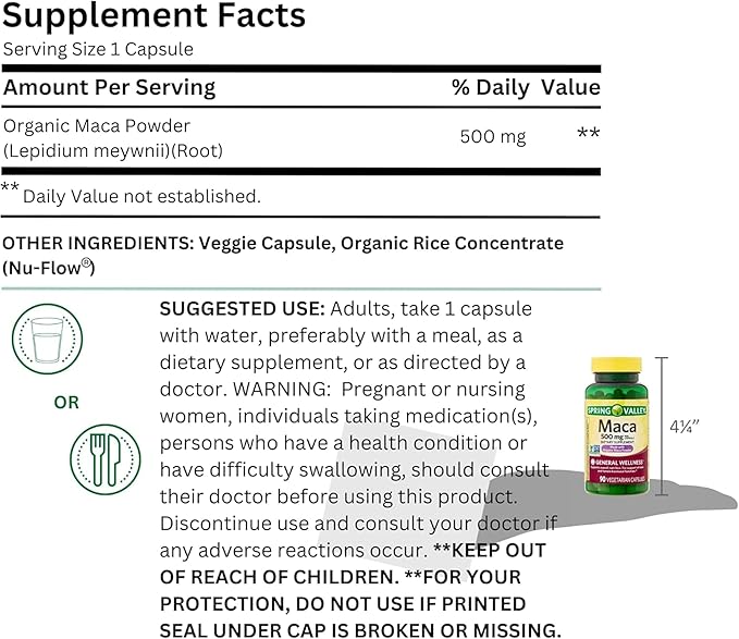 Maca Root 500 mg Capsules • General Wellness & Vitality Support • Vegetarian • 90 Count by Spring Valley + Vena’s Sticker (Pack of 2)