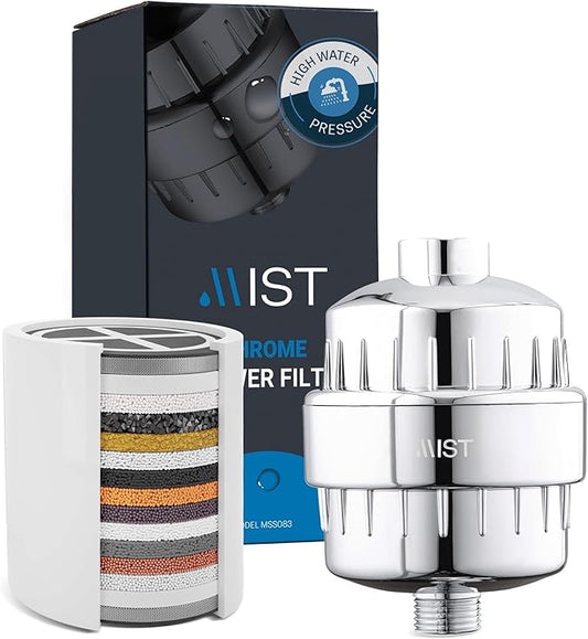 Mist Filtered Shower Head Attachment, High Output, 15 stage Shower Filter for Hard Water, Improves the Condition of Skin & Hair - Water Softener (1 Replacement Filter) Chrome