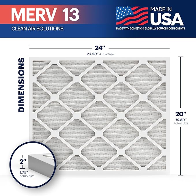 BNX TruFilter 20x24x2 Air Filter MERV 13 (4-Pack) - MADE IN USA - Electrostatic Pleated Air Conditioner HVAC AC Furnace Filters for Allergies, Pollen, Mold, Bacteria, Smoke, Allergen, MPR 1900 FPR 10
