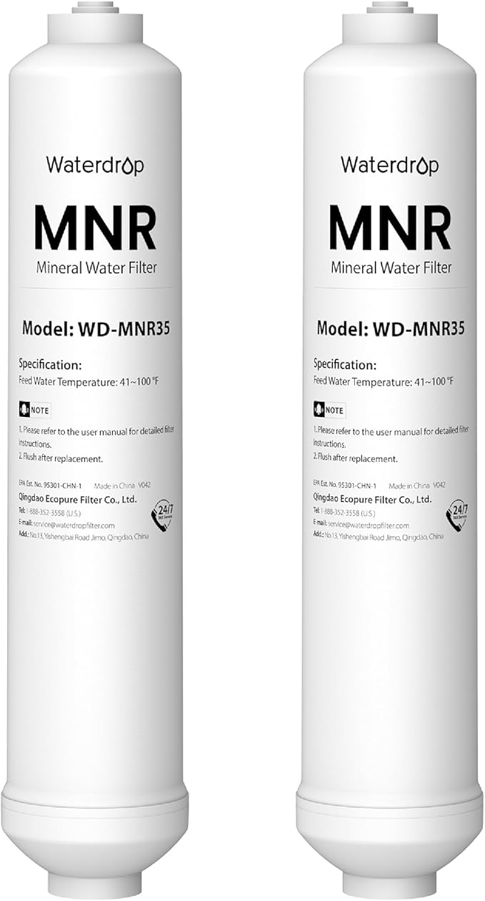 Waterdrop WD-MNR35 Remineralization Filter, 1/4" Quick Connect Mineral Filter for Undersink Reverse Osmosis System, Restore Essential Minerals for RO System, RO Mineral Filter System, 2-Pack