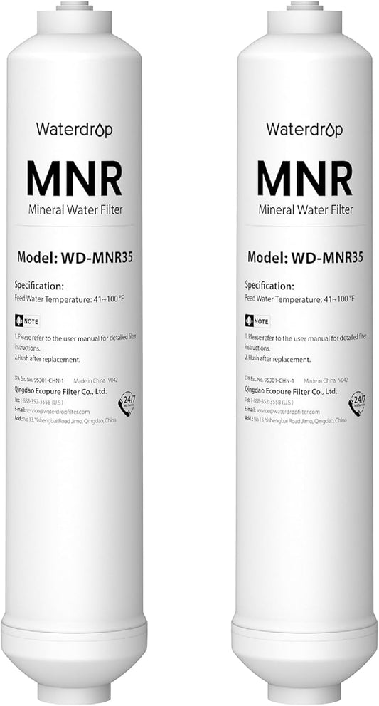 Waterdrop WD-MNR35 Remineralization Filter, 1/4" Quick Connect Mineral Filter for Undersink Reverse Osmosis System, Restore Essential Minerals for RO System, RO Mineral Filter System, 2-Pack