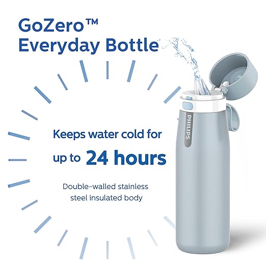 PHILIPS Water Bottle with Filter, Filter Water Bottle Stainless Steel with GoZero Everyday BPA-Free Tap Water Filter, Water Filter Bottle Keep Drink Cold 24 Hours, 1 Filter for 40 gal / 2 Months