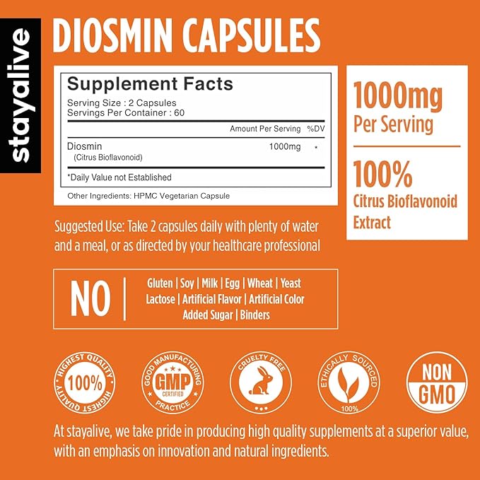 STAY ALIVE Pure Diosmin Complex 1000mg Formula, 120 Capsules, Citrus Bioflavonoids Rich Fruit Extract, 2 Month Supply, 100% Vegetarian, Non-GMO & Gluten Free Diosmin Supplement