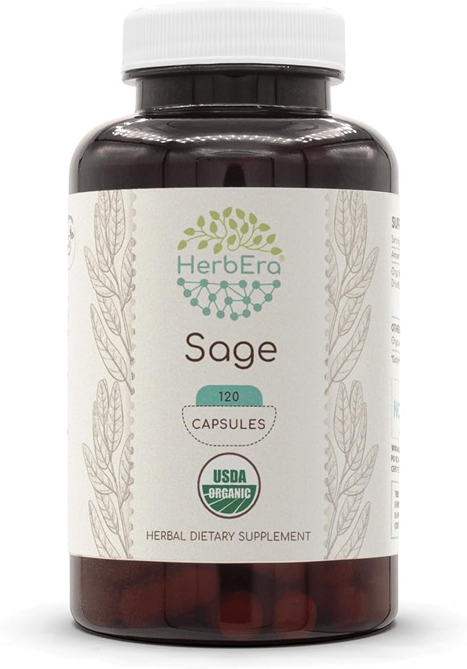 Sage USDA Organic 120 Capsules | Natural Herbal Supplement | Certified Organic Vegetarian Capsules and Organic Sage (Salvia officinalis) Dried Leaf (120 Capsules)