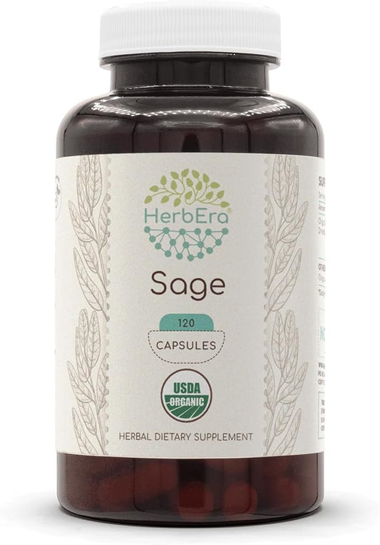 Sage USDA Organic 120 Capsules | Natural Herbal Supplement | Certified Organic Vegetarian Capsules and Organic Sage (Salvia officinalis) Dried Leaf (120 Capsules)