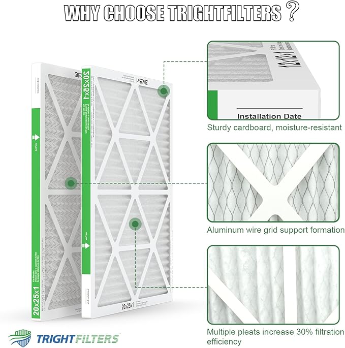 20x25x1 Air Filter 6 Pack, Durable MERV 8 Pleated Home HVAC AC Furnace Filters, Lightweight Compact Air Conditioner Filter Replacement
