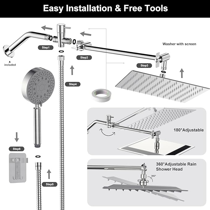 Shower Head with Handheld Combo 10" Chrome High Pressure Rain Shower Head 11" Adjustable Extension Arm and 5 Settings Adjustable SUS 304 Handheld Showers with 59" Hose, 2-in-1 Shower Holder