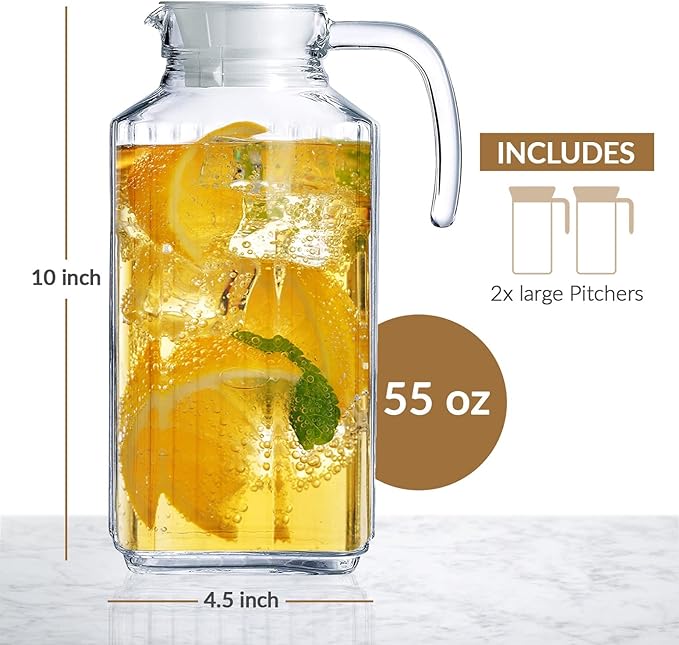 Glass Pitcher with Lid – Set of 2 Glass Water Pitcher 55Oz – Cold Carafe for Ice Tea, Water, Lemonade, Coffee – Elegant and Modern – Practical Spout Pitchers for Drinks