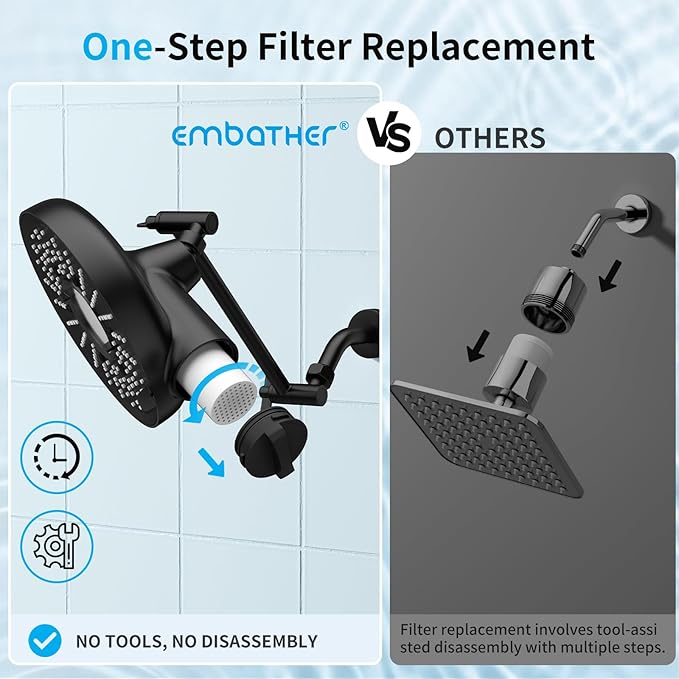 Filtered Shower Head with Extension Arm - EMBATHER 8 Inch High Output Showrhead with 3 Spray Settings, 18 Stage Filter for Hard Water, 11" Adjustable Arm, Brass Swivel Ball Jiont, Matt Black