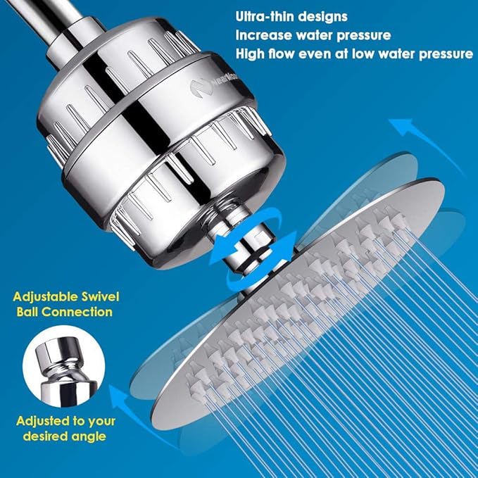 NearMoon Shower Head and 15 Stage Shower Filter Combo, High Pressure Filtered Shower for Hard Water, Improves the Condition of Your Skin, Hair (6 Inch, Chrome)