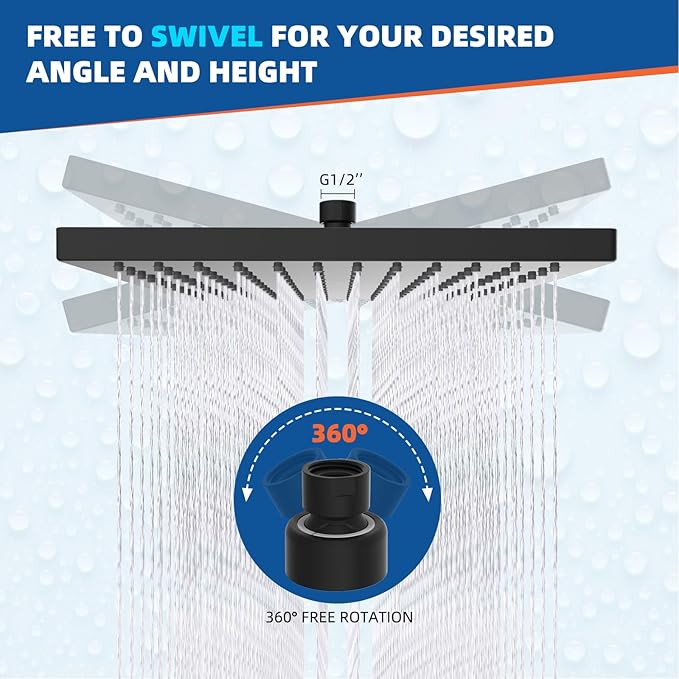 Hibbent Thickness Metal Rain Shower Head, 12 Inch High Pressure Shower Heads, Square Large Bathroom Rainfall Shower Head with Adjustable Brass Ball Joint, Waterfall Full Body Coverage, Matte Black