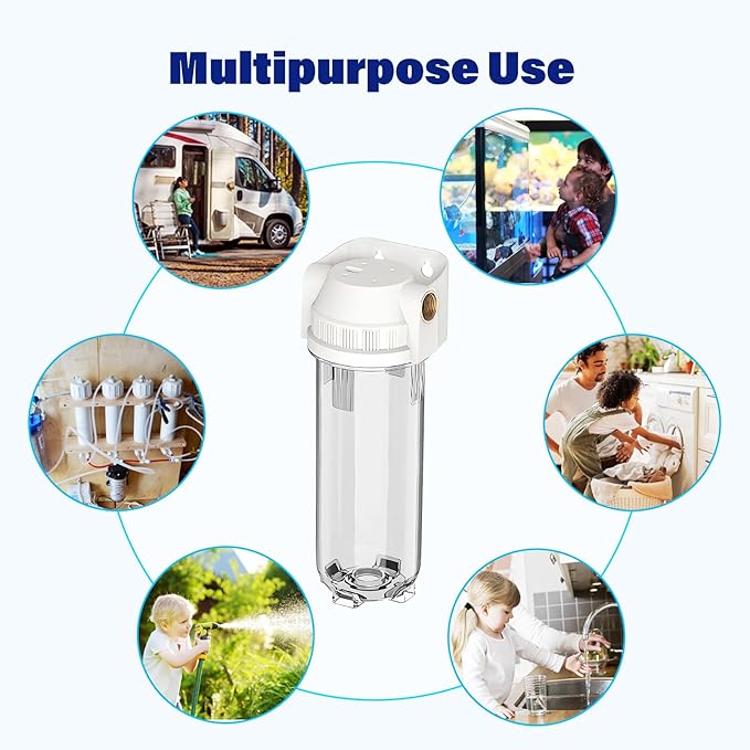 Whole House/RV Water Filter Housing Clear, 10" X 2.5" Inline Sediment Water Filter for RV, Home, Aquarium, Maple Syrup RO System, 3/4" G Brass Port, R-Type O-Ring,with PP Filter - 1025CWP