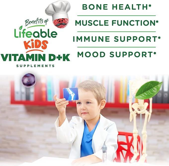 Lifeable Kids Vitamin D3 K2 Gummies | 1000iu D3 and K2 100mcg | Great Tasting D3 and K2 Supplements | for Bone Health and Immunity | VIT D3 K2 for Kids | 60 Gummies