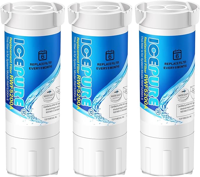 ICEPURE RWF5200A Water Filter Compatible for XWF (NOT Compatible for XWFE), WR17X30702, GE French Doors and Side-by-Side Refrigerators GDE25, GFE26, GYE18, GBE21, GDE21, GNE21, GFE24 Genuine 3PACK