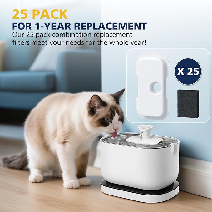 25 Packs Replacement Filters for PETLIBRO Dockstream Cat Water Fountain PLWF005 PLWF115 PLWF105, 12 Months Set of Replacement Filters for Ultra Quiet Pet Water Fountain, 25 Filters and 25 Sponges