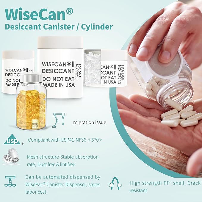 3 Gram 50 Pack Silica Gel Canister, Desiccant Canister, Silica Gel Capsules, Desiccant Capsules, Moisture Absorbers for Food Storage, Food Safe Dehumidifiers Wisecan