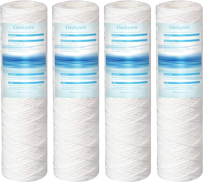 Geekpure 10 Inch PP Wound String Spun Sediment Replacement Filter for Reverse Osmosis System- 2.5" x 10"-5 Micron-4 Pack