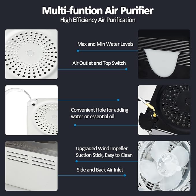 Water-Based Air Purifier Air Washer, Air Revitalizer with Filter Net, Air Fresher with Warm Color LED Night Light, Small Air Cleaner for Home and Office, Aroma Diffuser for Smoke & Pet