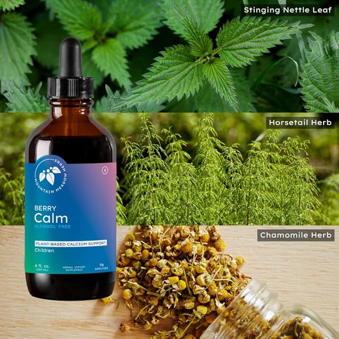 Mountain Meadow Herbs Berry Calm for Kids – Herbal Calcium Supplement for Strong Bones, Teeth, Focus & Relaxation, Great Tasting Liquid Formula, 4 oz