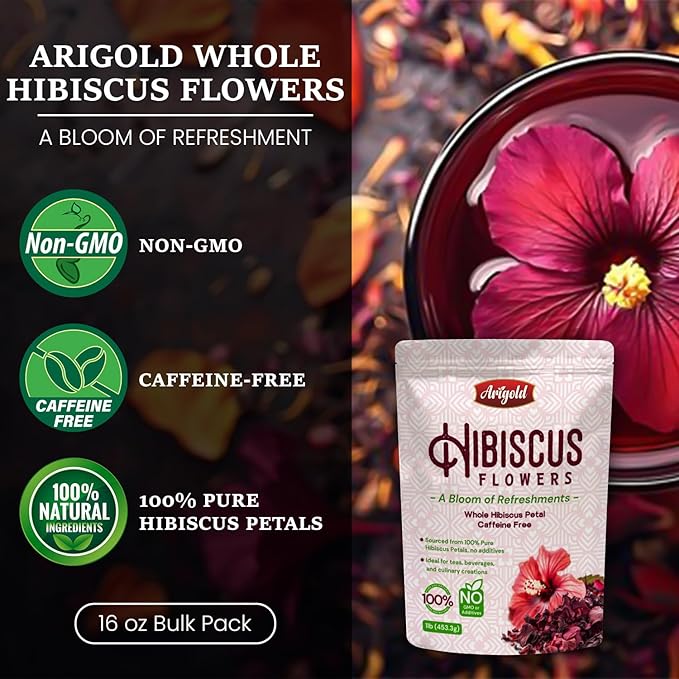 Arigold Pure Whole Petals Hibiscus Tea 1lb – Organic Dried Hibiscus Flowers,Flor de Jamaica, Hibiscus Sabdariffa, Bissap, Sorrel, hibiscus tea loose leaf Herbal Tea for Agua Fresca, Cocktails, Iced Tea & Hot Tea | Caffeine-Free & Rich in Antioxidants.