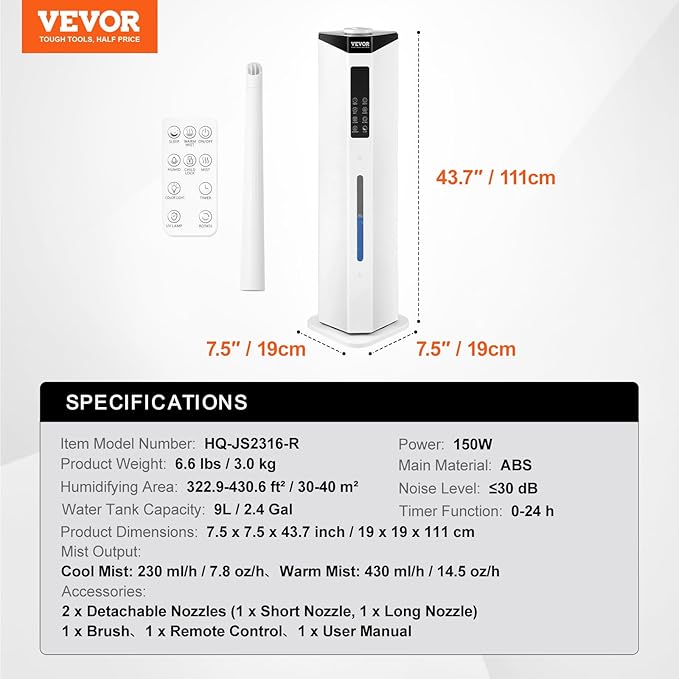 VEVOR Commercial Humidifier, 2.4 Gal/9L 2-In-1 Cool/Warm Mist, Industrial Air Vaporizer for Room Up To 430.6 Sq Ft,Top Refill Humidifier w/Auto Rotary Spray for Whole House,Greenhouse, Plant