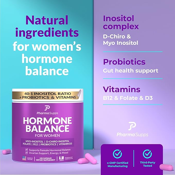 Hormone Balance for Women, Ovarian Support, Fertility, Menstrual Cycle, PCOS | Myo-Inositol & D-Chiro Inositol Supplement 40:1 Ratio w/Folic Acid for Hormonal Balance, B12 & Probiotics - 240 Count