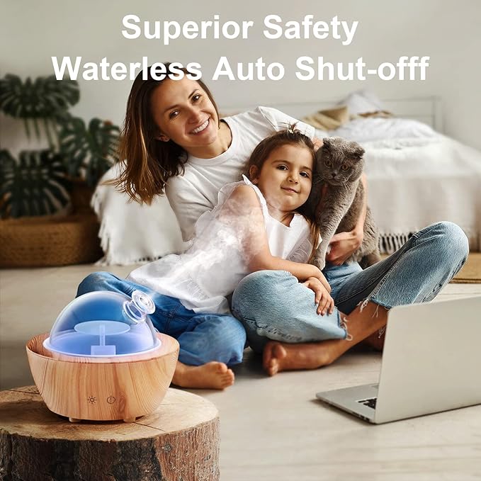 Glass Essential Oil Diffuser Wood Grain Base, 280ml Aromatherapy Diffusers Cool Mist Humidifier, LED Light in 7 Colors with Waterless Auto-Off Protection, for Office, Home, Yoga, Spa