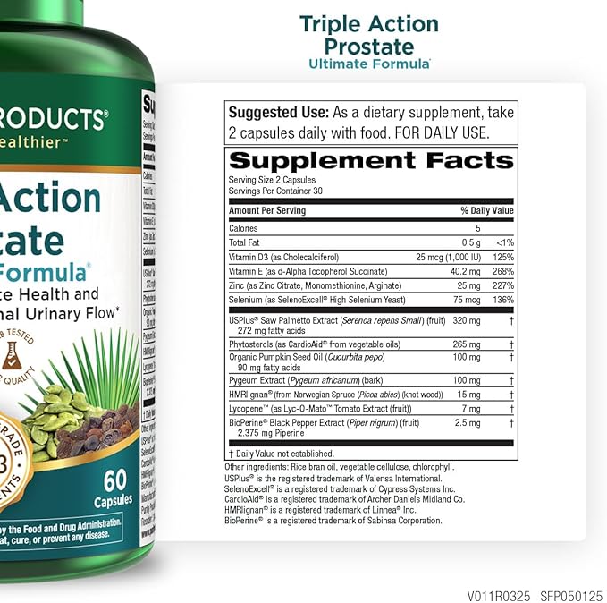 Triple Action Prostate Ultimate Formula – Men’s Prostate Supplement - Zinc, Saw Palmetto, Pygeum, Pumpkin Seed Oil Extract & Phytosterols – Supports Urinary Flow, Bladder & Heart Health – 60 Capsules