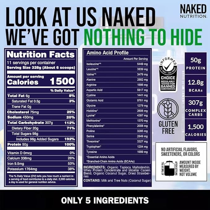 NAKED Strawberry Mass - 1,500 Calories, 50G Protein, Nothing Artificial. Strawberry Weight Gainer Protein Powder - 8lb Bulk, GMO Free, Gluten Free & Soy Free