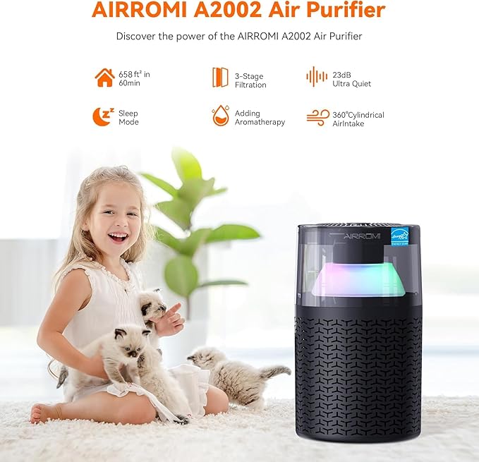 AIRROMI Air Purifiers for Bedroom Home,Up to 658 Ft²,Activated Carbon Filter Cleaner,With Fragrance Sponge for Better Sleep,Night Light,Pet Dander,Allergies,Smoke,Odor,Desktop Air Cleaner A2002 Black